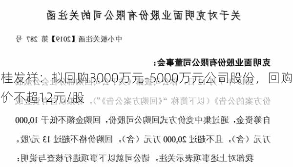 桂发祥：拟回购3000万元-5000万元公司股份，回购价不超12元/股