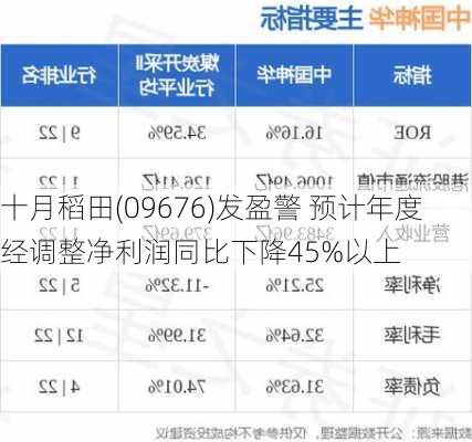 十月稻田(09676)发盈警 预计年度经调整净利润同比下降45%以上