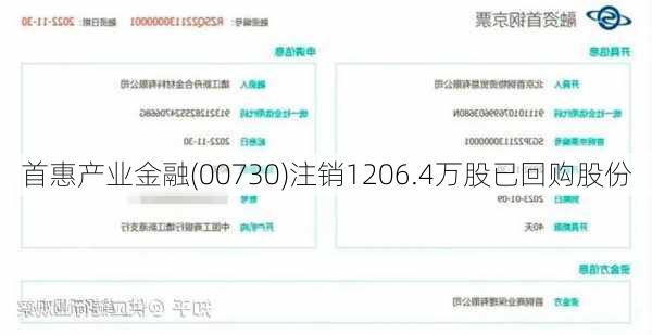 首惠产业金融(00730)注销1206.4万股已回购股份