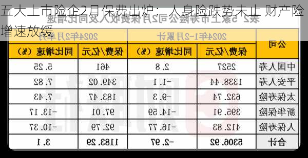 五大上市险企2月保费出炉：人身险跌势未止 财产险增速放缓