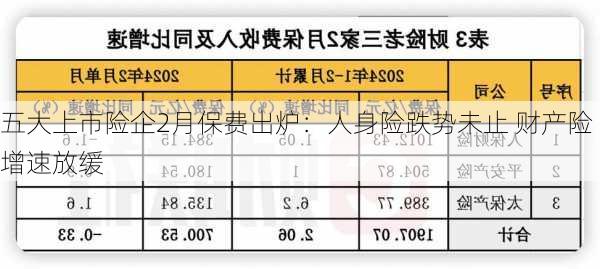 五大上市险企2月保费出炉：人身险跌势未止 财产险增速放缓