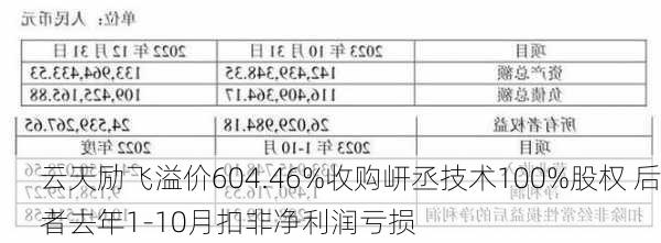 云天励飞溢价604.46%收购岍丞技术100%股权 后者去年1-10月扣非净利润亏损