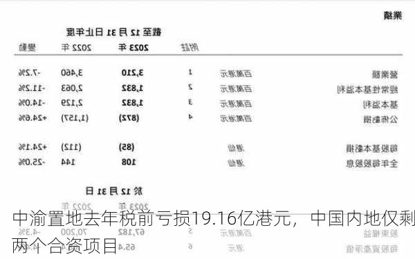 中渝置地去年税前亏损19.16亿港元，中国内地仅剩两个合资项目