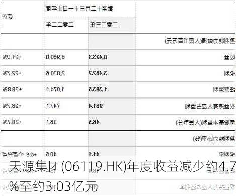 天源集团(06119.HK)年度收益减少约4.7%至约3.03亿元