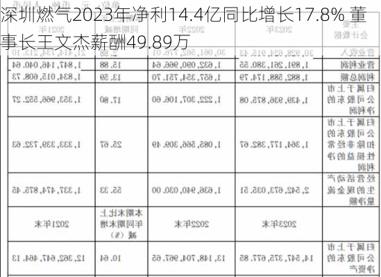 深圳燃气2023年净利14.4亿同比增长17.8% 董事长王文杰薪酬49.89万