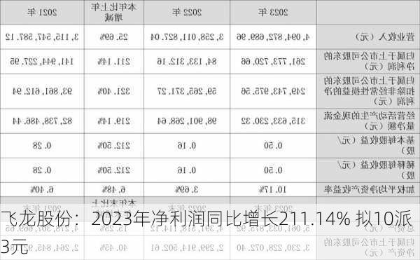 飞龙股份：2023年净利润同比增长211.14% 拟10派3元