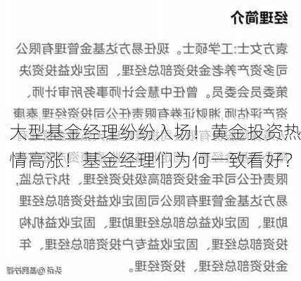 大型基金经理纷纷入场！黄金投资热情高涨！基金经理们为何一致看好？