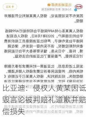 比亚迪：侵权人黄某因诋毁言论被判赔礼道歉并赔偿损失