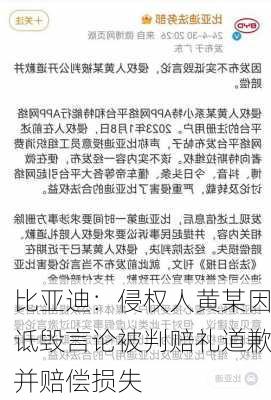 比亚迪：侵权人黄某因诋毁言论被判赔礼道歉并赔偿损失