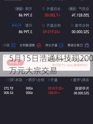 5月15日浩通科技现200万元大宗交易