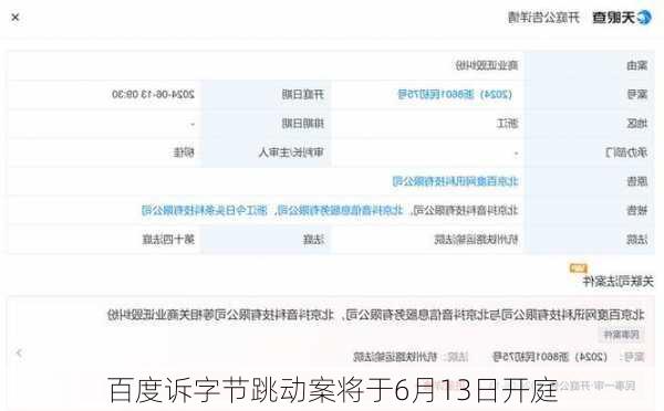 百度诉字节跳动案将于6月13日开庭