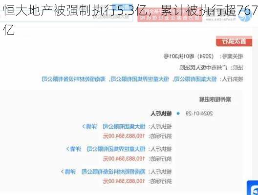 恒大地产被强制执行5.3亿，累计被执行超767亿