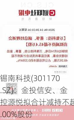 锡南科技(301170.SZ)：金投信安、金控源悦拟合计减持不超1.00%股份