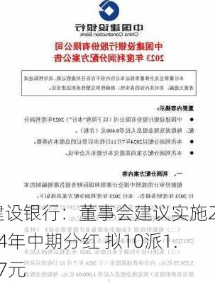 建设银行：董事会建议实施2024年中期分红 拟10派1.97元