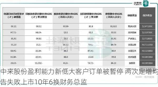 中来股份盈利能力新低大客户订单被暂停 两次定增均告失败上市10年6换财务总监