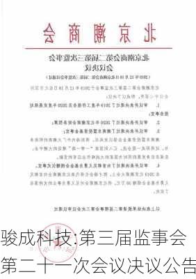 骏成科技:第三届监事会第二十一次会议决议公告