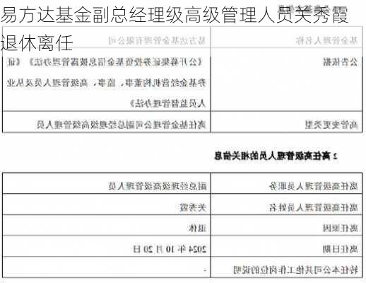 易方达基金副总经理级高级管理人员关秀霞退休离任