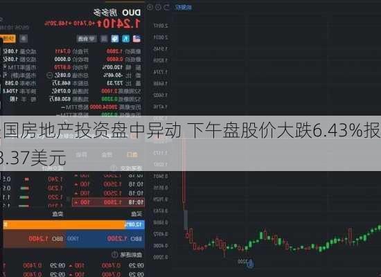 美国房地产投资盘中异动 下午盘股价大跌6.43%报13.37美元