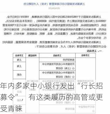 年内多家中小银行发出“行长招募令”，有这类履历的高管或更受青睐