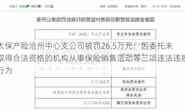 太保产险沧州中心支公司被罚26.5万元：因委托未取得合法资格的机构从事保险销售活动等三项违法违规行为