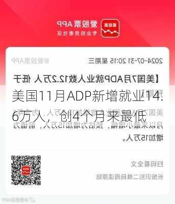 美国11月ADP新增就业14.6万人，创4个月来最低